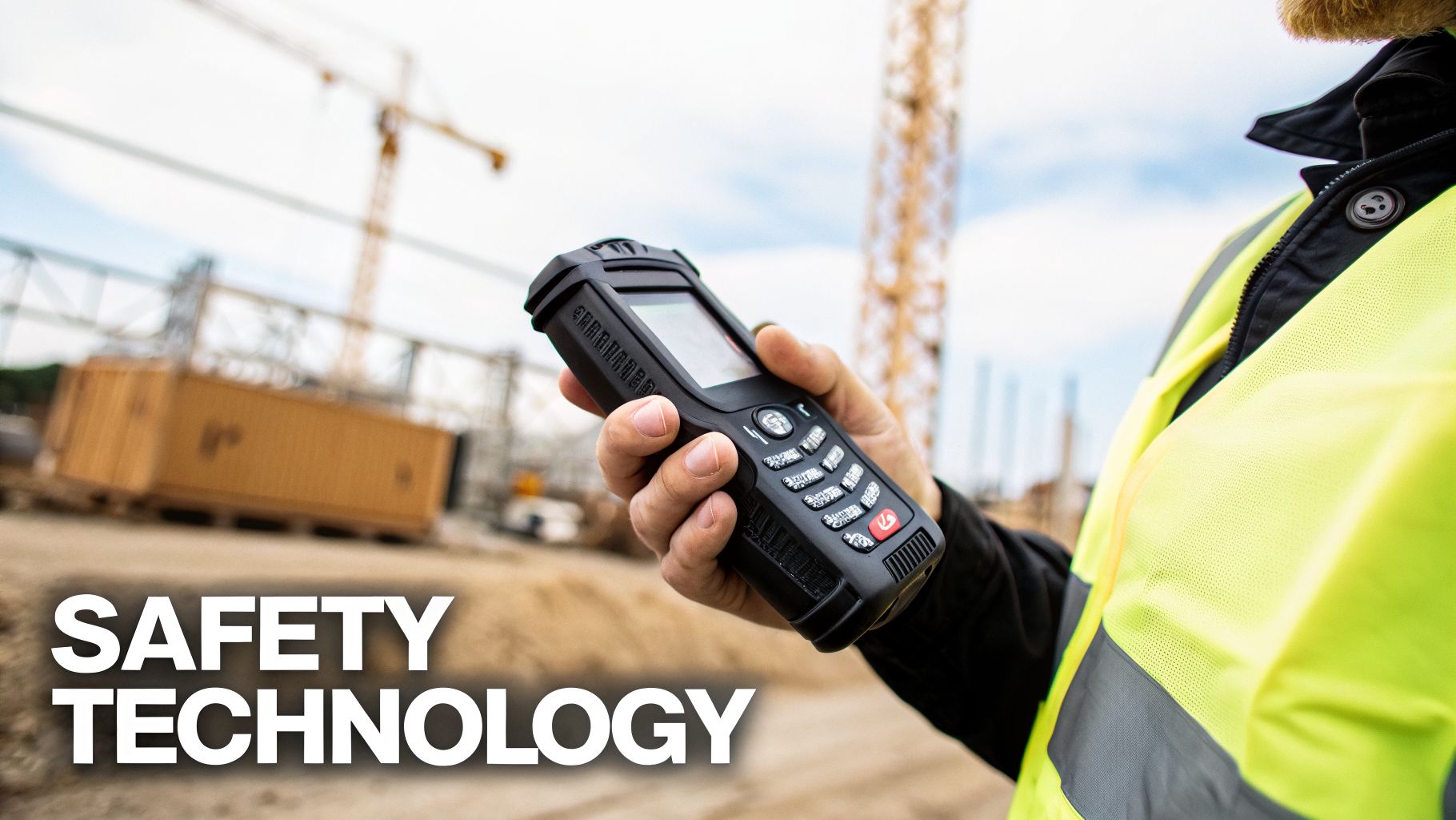 A worker in a high-visibility vest holds a rugged communication device at a construction site.