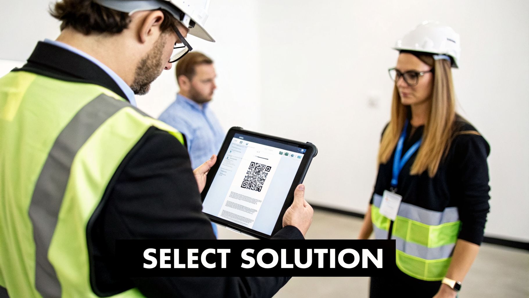 Construction workers in hard hats and vests review information on a tablet displaying a QR code.