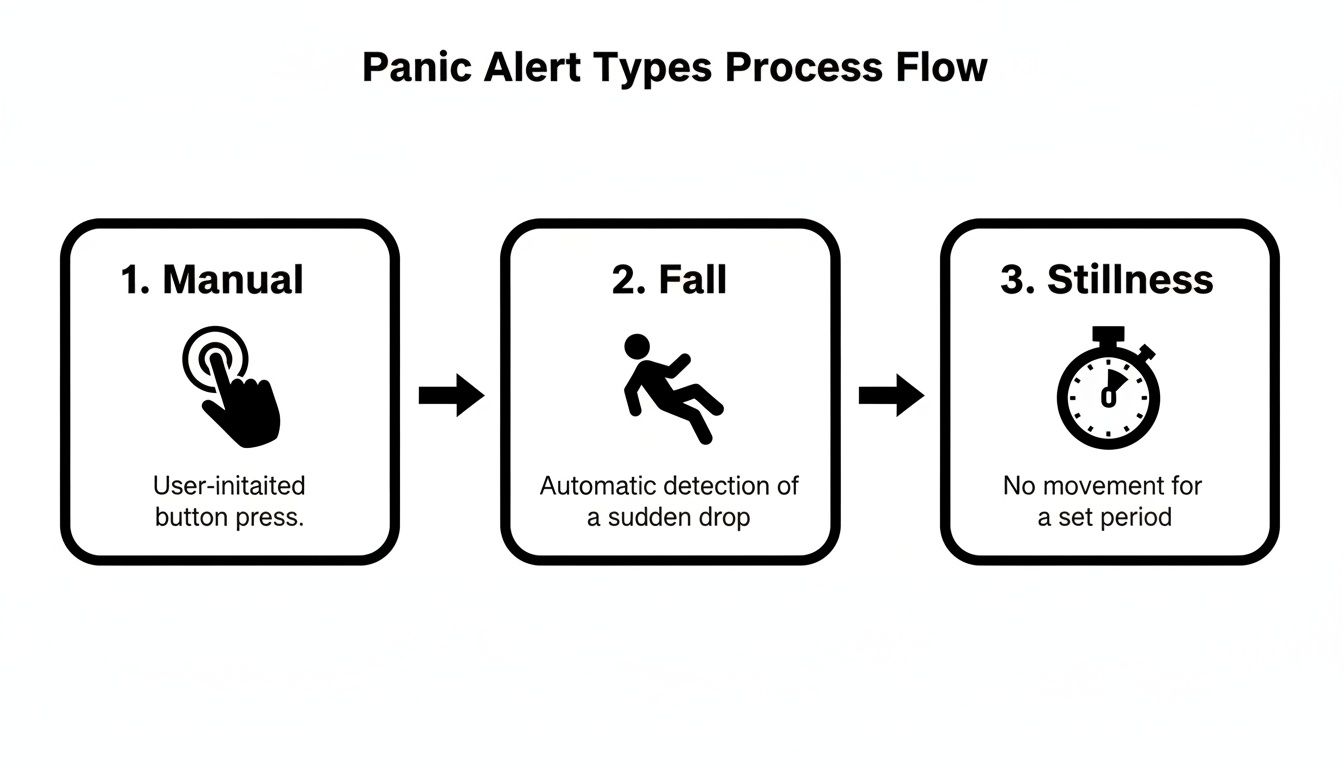 Flowchart illustrating three types of panic alerts: manual, fall detection, and stillness monitoring.