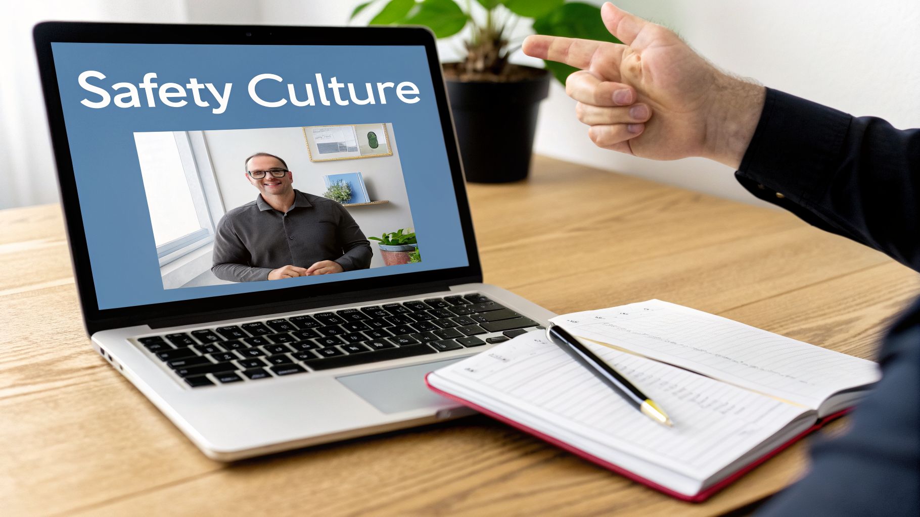 A hand points at a laptop displaying a 'Safety Culture' presentation with a speaker.