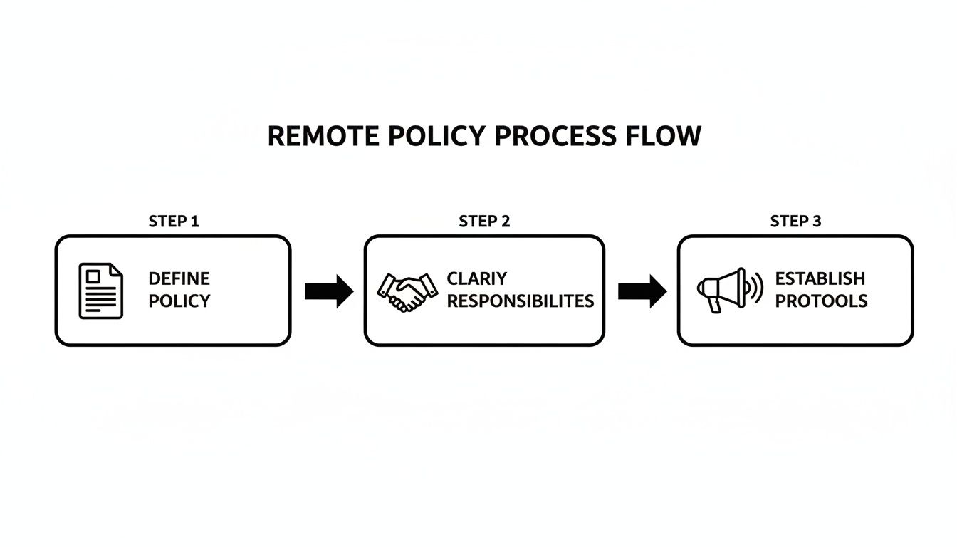 A diagram illustrates a remote policy process flow with steps: define policy, clarify responsibilities, and establish protocols.