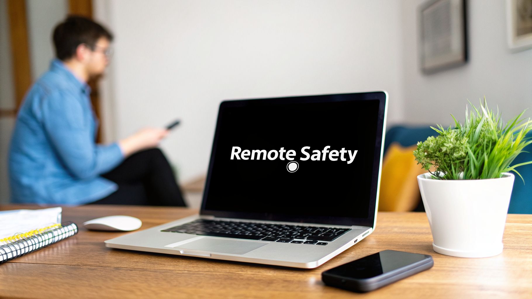 Laptop displaying 'Remote Safety' on screen, with a person and desk items in a home office setting.