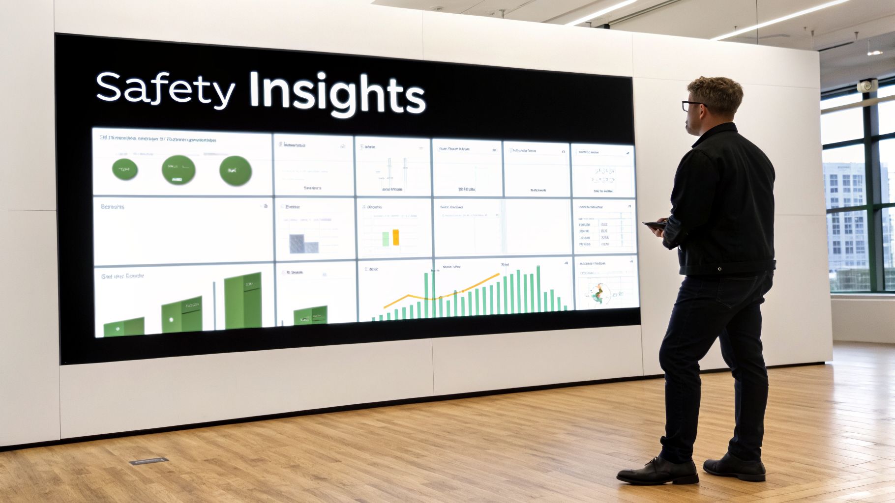 A man views a large screen displaying "Safety Insights" with various data charts and graphs.