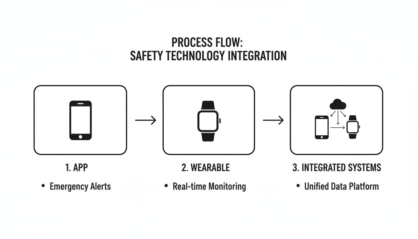 Process flow diagram showing safety technology integration via app, wearable, and integrated systems.